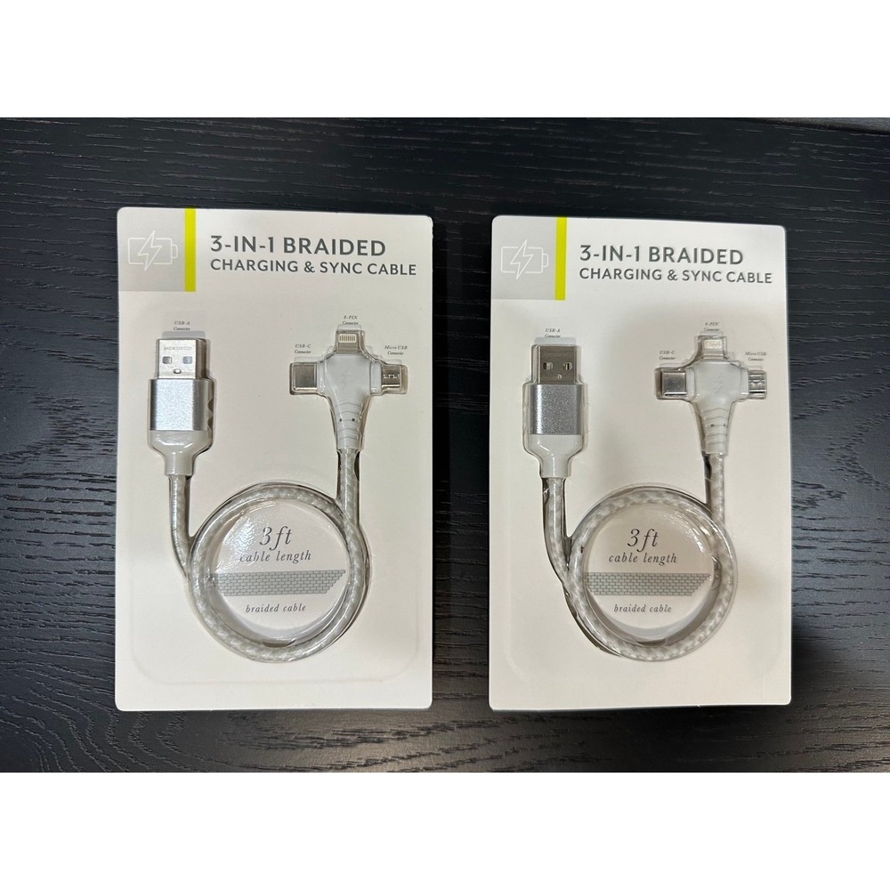 (2) Vivitar 3-in-1 Braided Phone Charging & Sync Cable‎ NEW